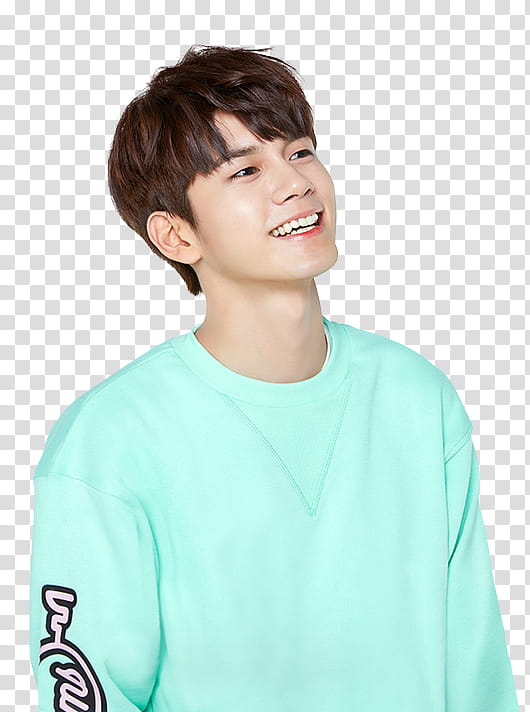 Wanna One Innisfree Part P, smiling man wearing teal sweatshirt transparent background PNG clipart