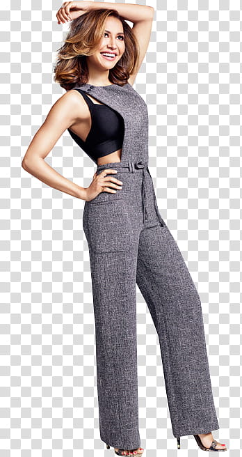 Naya Rivera, woman wearing grey overall p transparent background PNG clipart