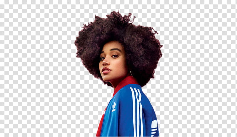 AMANDLA STENBERG, black curly haired in blue and white adidas jacket transparent background PNG clipart