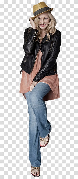 Candice Accola , woman wearing black jacket and blue jeans transparent background PNG clipart