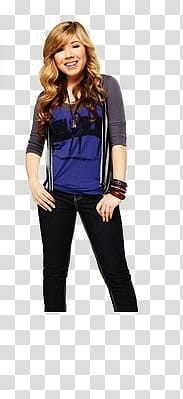 Jennette McCurdy , woman wearing blue and gray raglan shirt with hands on her pocket transparent background PNG clipart