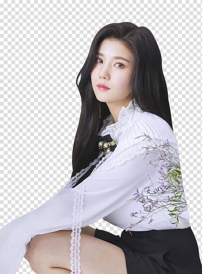 EUNBI COLOR IZ IZ ONE, woman in white, purple, and green floral long sleeved shirt in squat position transparent background PNG clipart