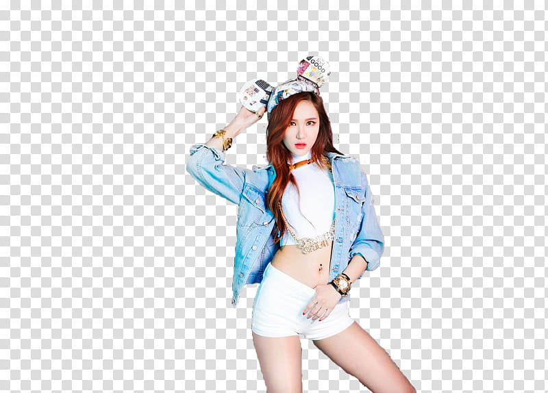 EXID , woman wearing blue denim jacket touching headband transparent background PNG clipart