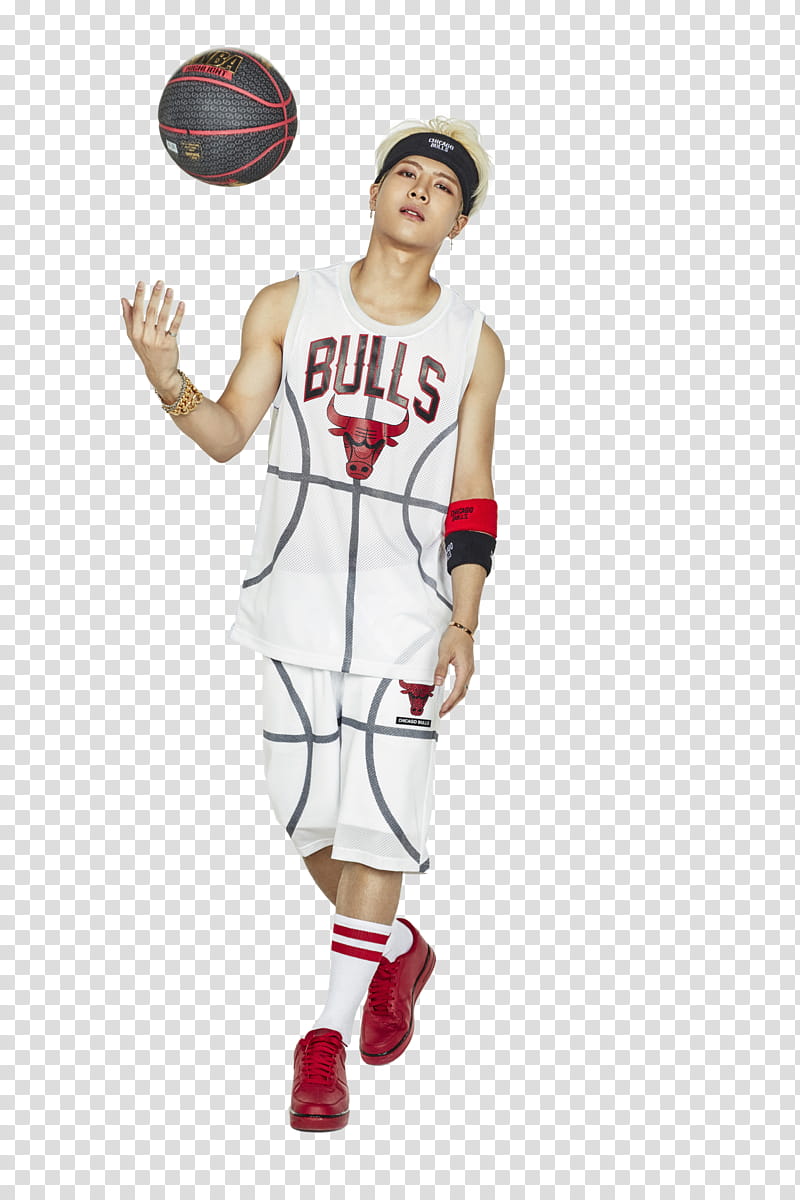 GOT, man in white Bulls jersey tossing a ball while walking transparent background PNG clipart