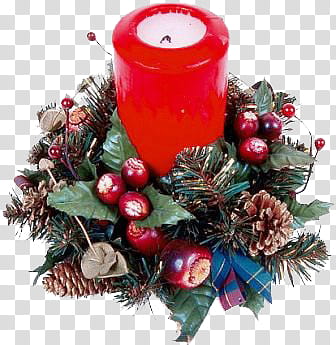 Navidad, unlit candle beside faux berries and leaves transparent background PNG clipart