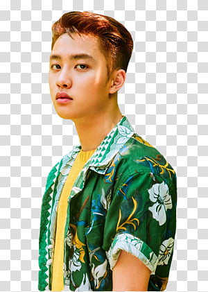 EXO The War Ko Ko Bop S, man wearing green and white floral button-up collared shirt transparent background PNG clipart thumbnail