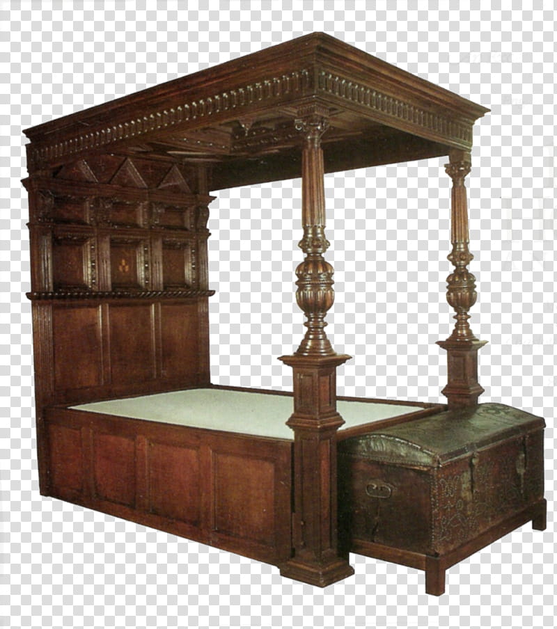 Antique furniture in , brown wooden canopy bed transparent background PNG clipart