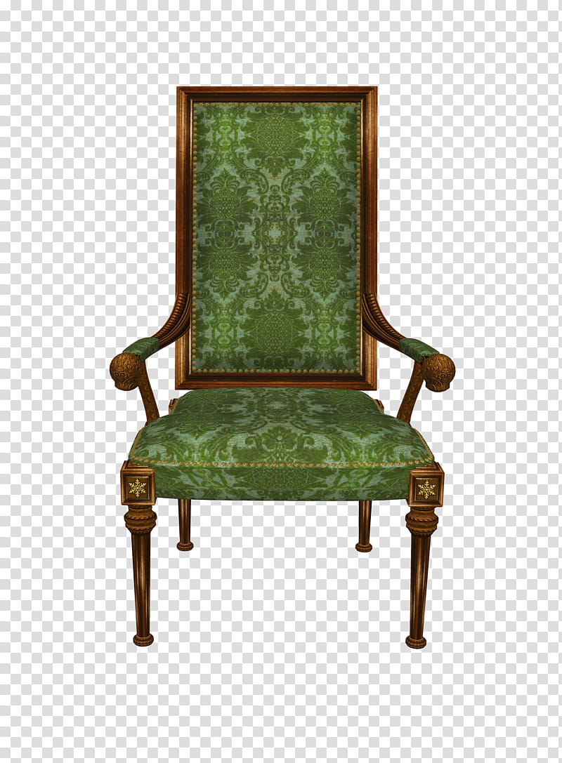 D Misc Furniture, green floral padded armchair with brown wooden frame transparent background PNG clipart