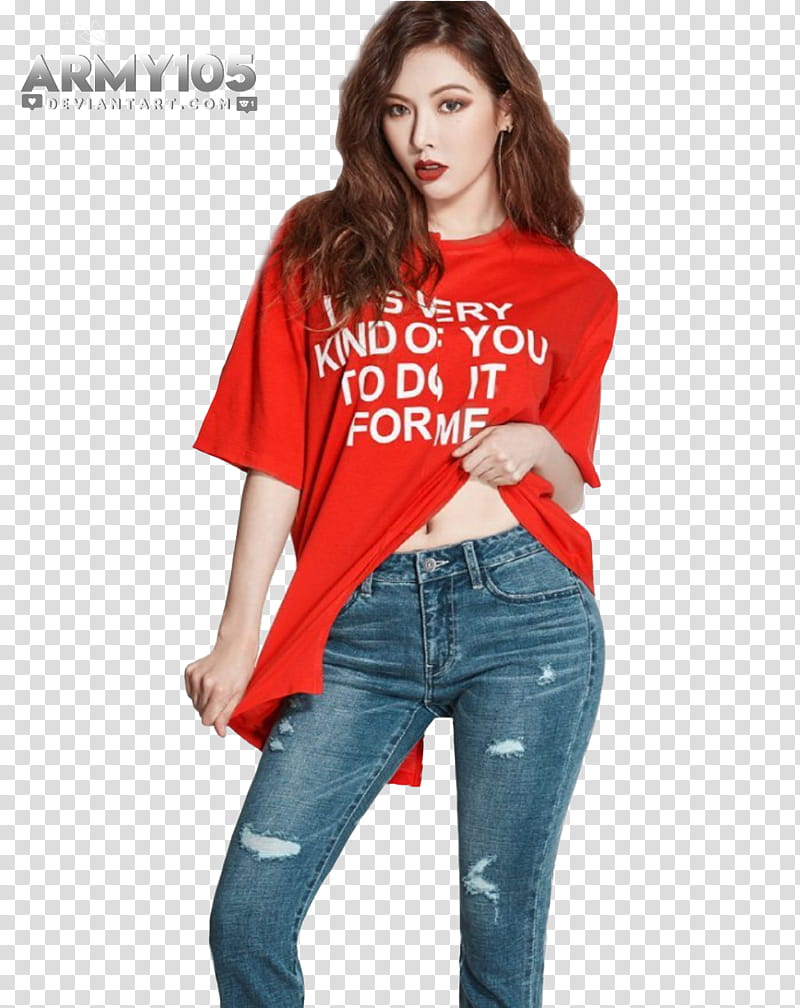 Hyuna triple h, standing woman wearing red t-shirt and distressed blue denim jeans transparent background PNG clipart