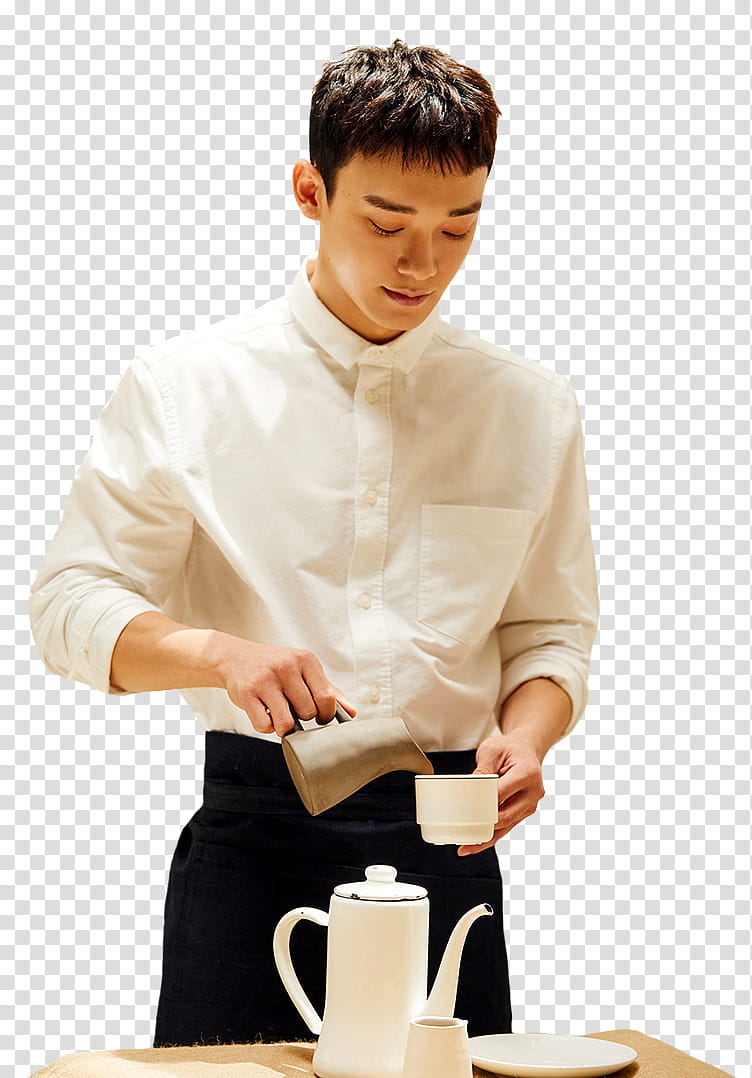 EXO UNIVERSE, man pouring liquid to white ceramic cup transparent background PNG clipart