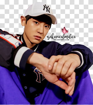 EXO Baekhyun MLB, man wearing red New York Yankees cap transparent  background PNG clipart