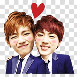 BTS Kakao Talk Emoticon Render p, two men wearing blue suit jacket with heart transparent background PNG clipart