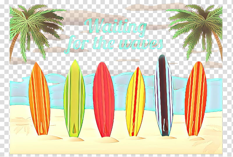 Palm tree, Cartoon, Surfing Equipment, Surfboard, Yellow, Leaf, Plant, Arecales transparent background PNG clipart