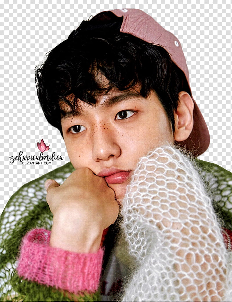EXO Baekhyun Lucky One, man wearing pink cap hands on chin transparent background PNG clipart