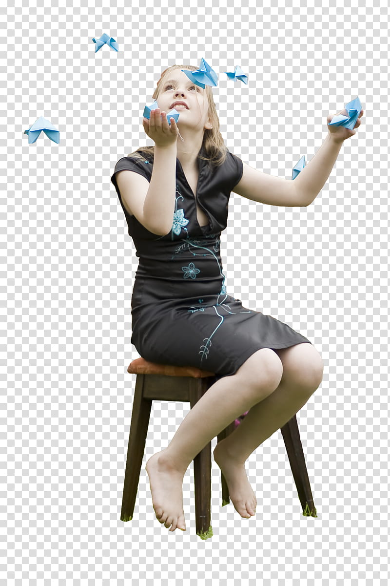 model child cut out, woman sitting on chair while holding paper origamis transparent background PNG clipart