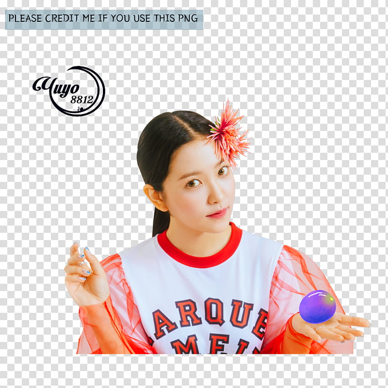 RED VELVET POWER UP, woman wearing white and orange crew-neck shirt holding purple egg transparent background PNG clipart