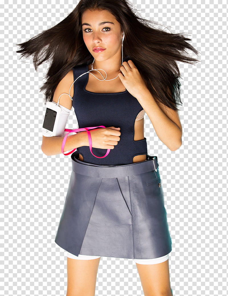 Madison Beer, woman in black top and leather skirt transparent background PNG clipart