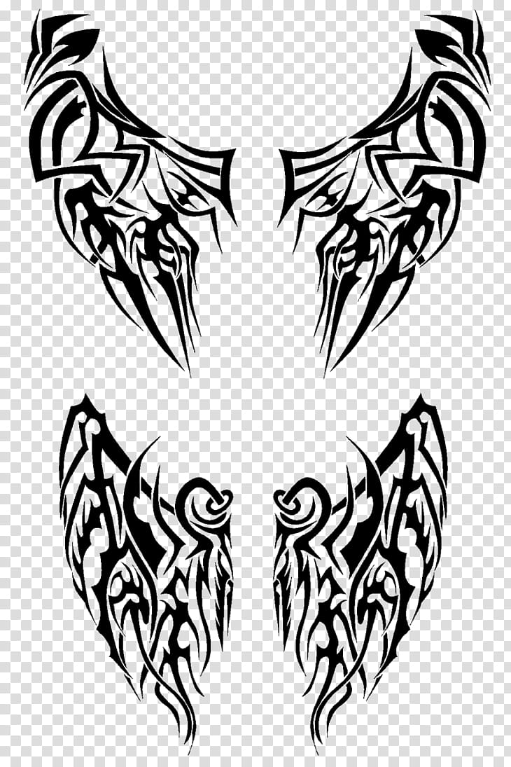 Tribal wings :Dragon + Angel:, black wings tattoo transparent background PNG clipart