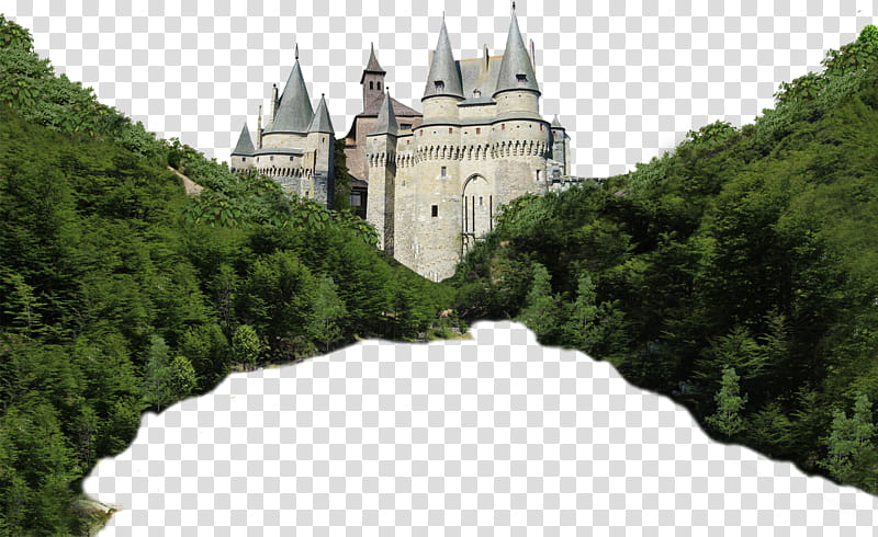 Five nature scenes , gray castle with trees during daytime transparent background PNG clipart