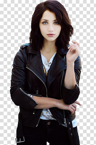 Emily Rudd, girl wearing black leather jacket transparent background PNG clipart