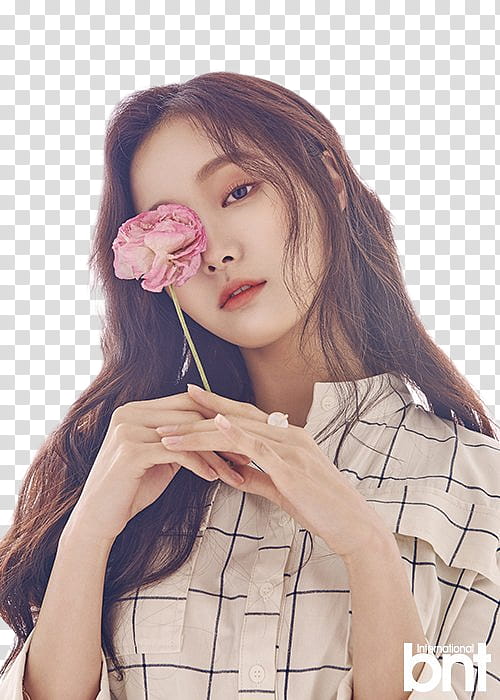 Yeonwoo Momoland PT, woman wearing beige and black windowpane button-up shirt holding pink flower transparent background PNG clipart