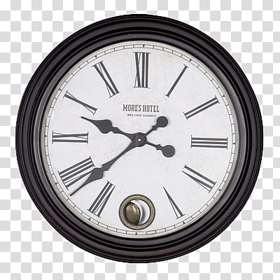 Clock, round black and white More's Hotel analog wall clock transparent background PNG clipart