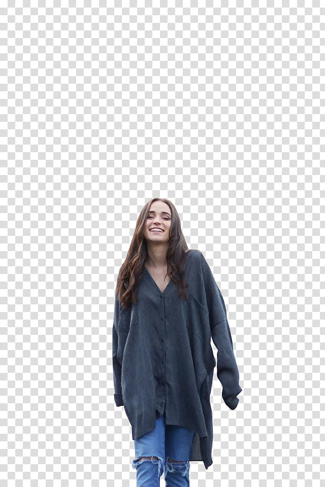 Carolina Kopelioff , woman wearing gray long coat and distressed blue denim jeans outfit transparent background PNG clipart