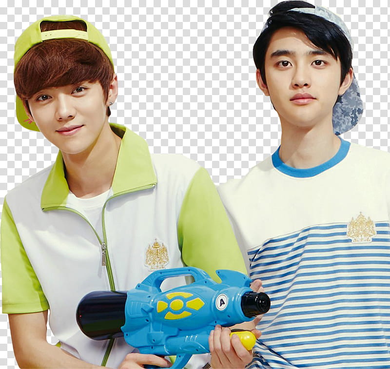 Render EXO for Ivy Club, cutout of man wearing cap and t-shirt standing beside man holding water gun transparent background PNG clipart