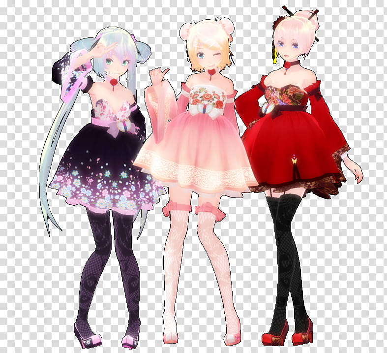 my two favs FT miku, three female anime dolls transparent background PNG clipart