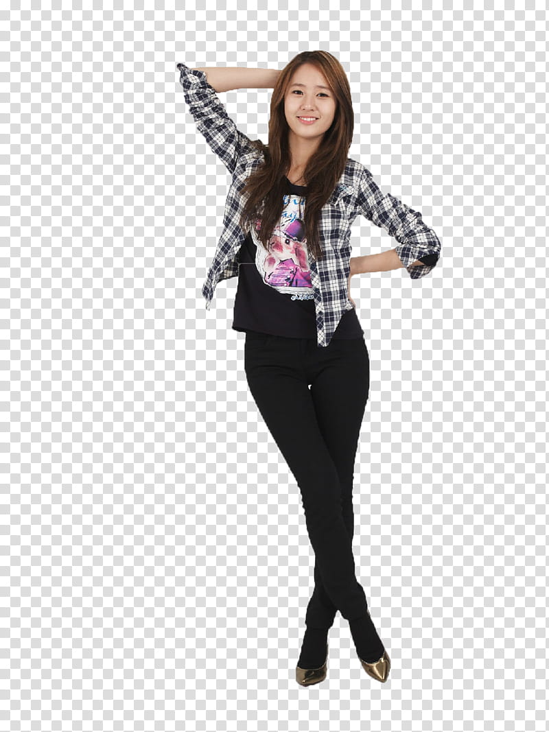 , woman in black and white plaid dress shirt and black pants transparent background PNG clipart
