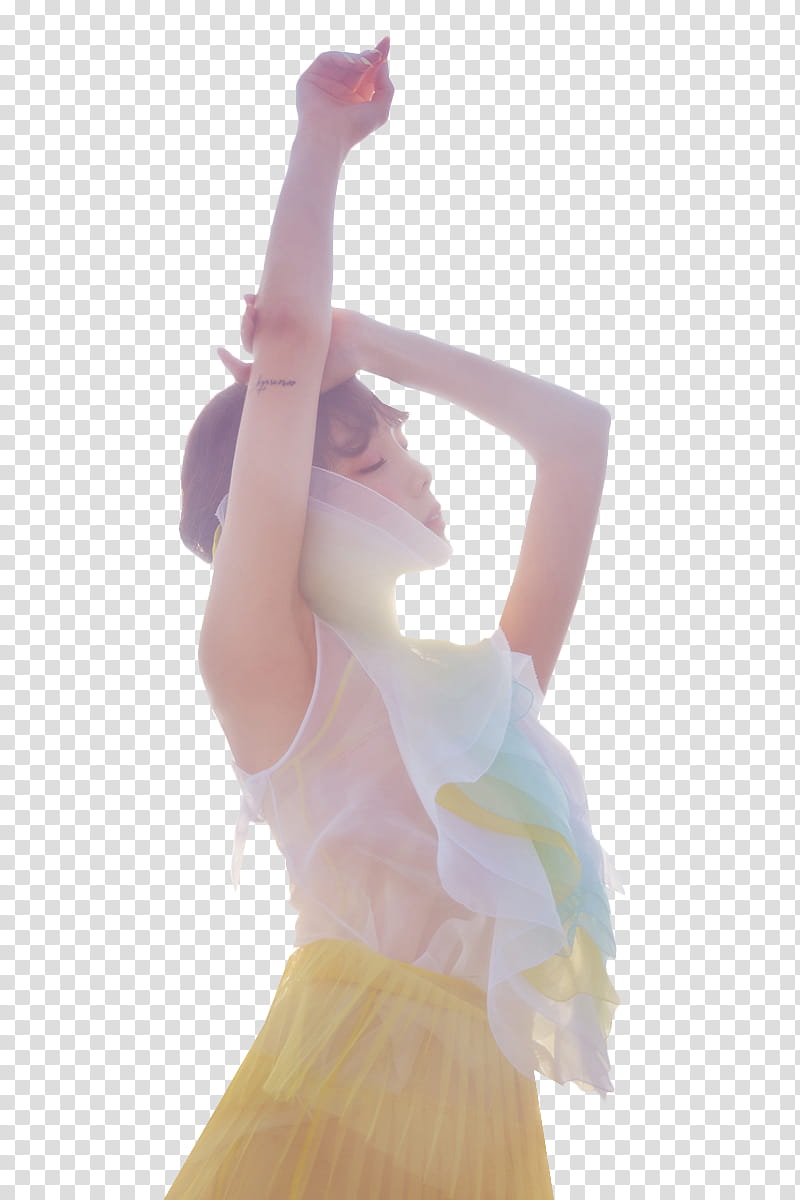 GIRLS GENERATION TAEYEON , woman in white blouse and yellow skirt raising one hand transparent background PNG clipart