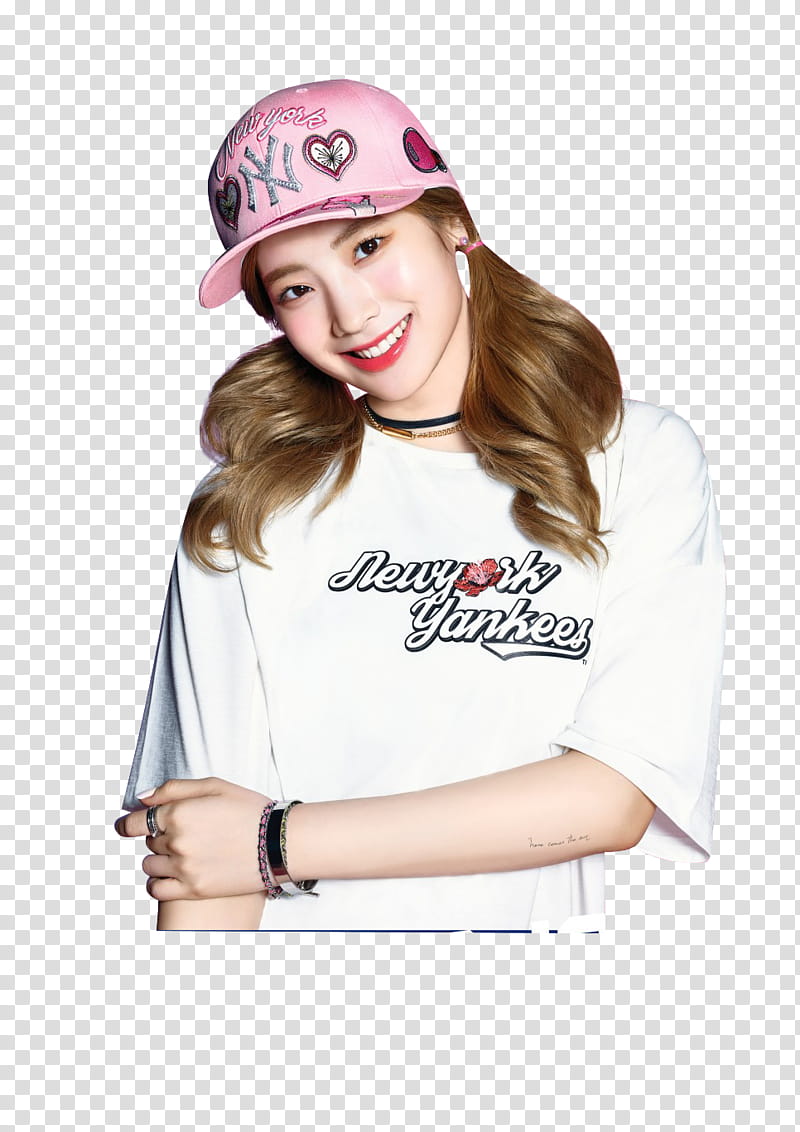 TWICE , smiling woman wearing white New York Yankees shirt and pink fitted cap transparent background PNG clipart