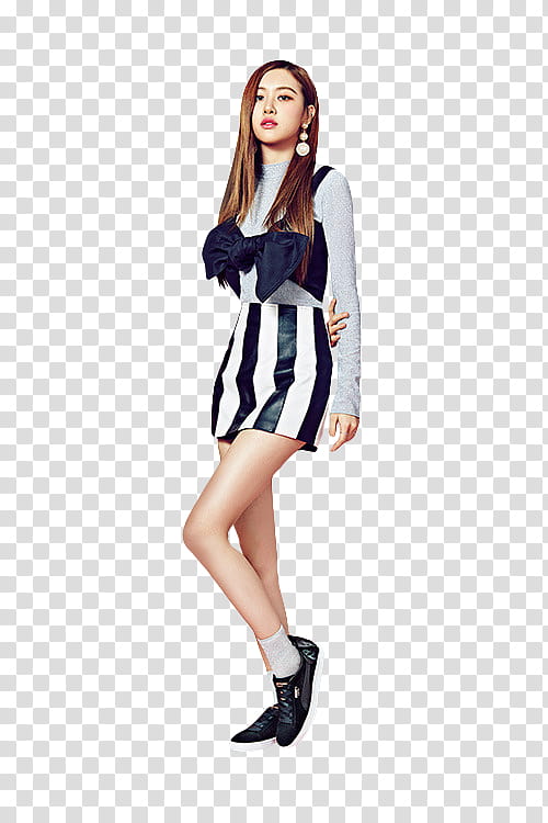 BLACKPINK PUMA, standing woman wearing gray, black, and white striped long-sleeved dress with black-and-white low-top sneakers transparent background PNG clipart