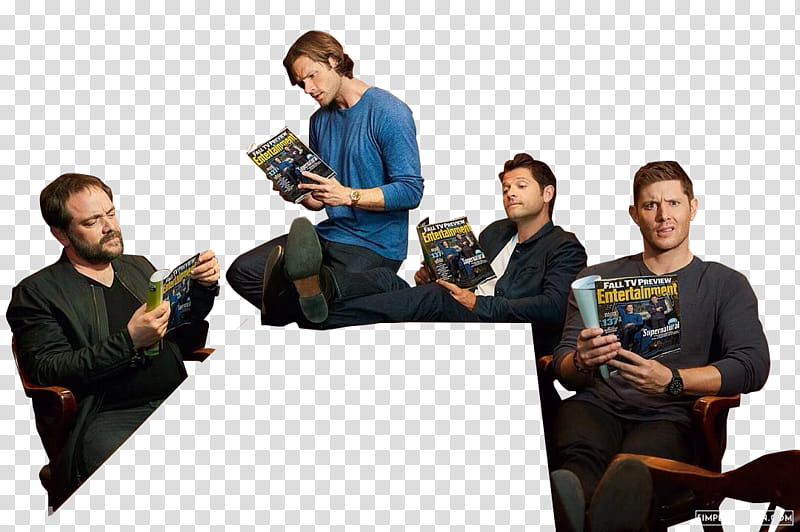 Supernatural Cast, four men sitting and reading magazine transparent background PNG clipart