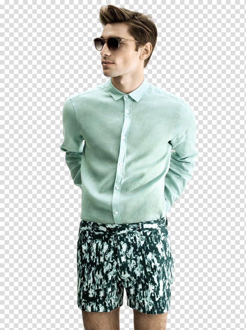 Male Model s, man wearing teal long-sleeved shirt looking side transparent background PNG clipart