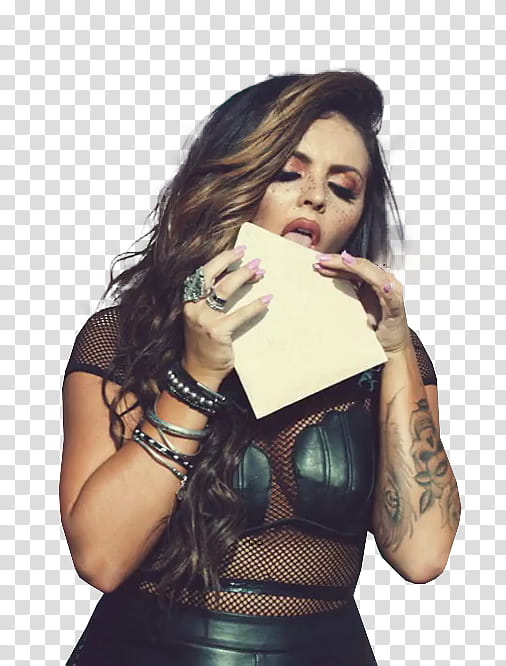 Little Mix, woman licking white card transparent background PNG clipart