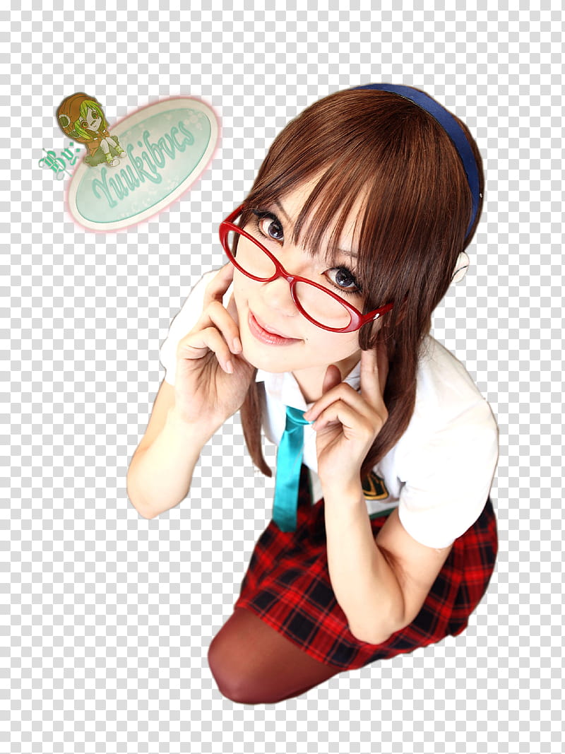 Makinami Mari cosplay Kipi Render, woman in white T-shirt wearing eyeglasses with red frames transparent background PNG clipart