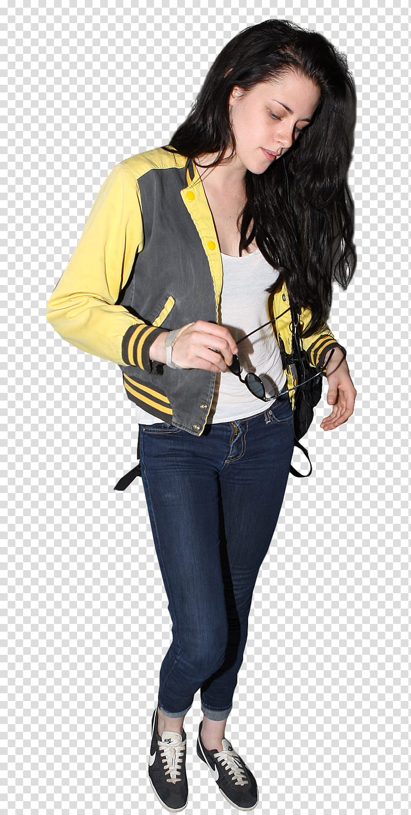 kRISTEN sTEWARD, Kirsten Stewart wears letterman jacket and cuffed jeans transparent background PNG clipart