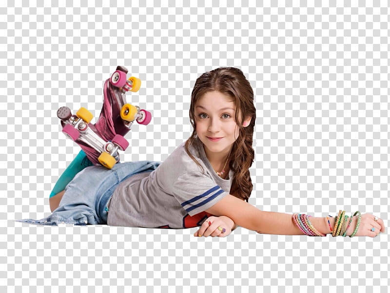 Soy Luna, woman wearing gray t-shirt, blue skirt and roller skate shoes transparent background PNG clipart