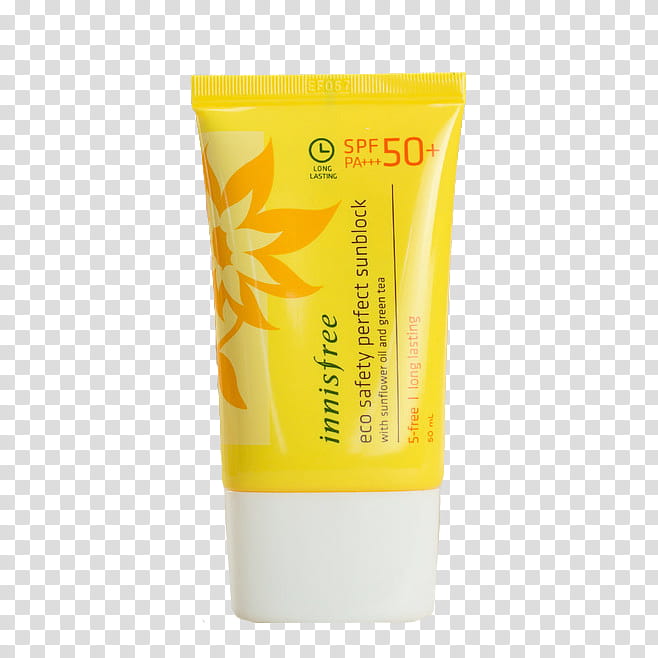 , yellow and white Innisfree eco safety perfect sunblock tube container transparent background PNG clipart