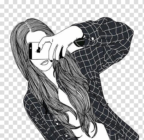 Outlines, woman holding iPhone s sketch transparent background PNG clipart