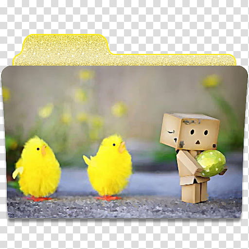 Danbo, brown cardboard robot standing beside two yellow chicken chicks transparent background PNG clipart
