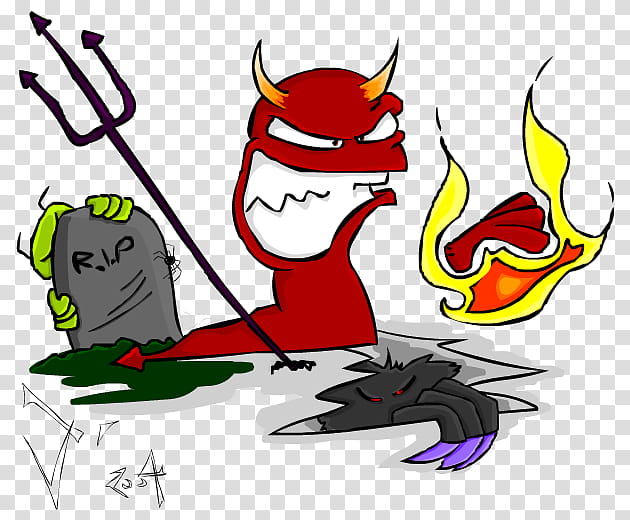 D the Evil Worm, devil with trident beside tombstone illustration transparent background PNG clipart