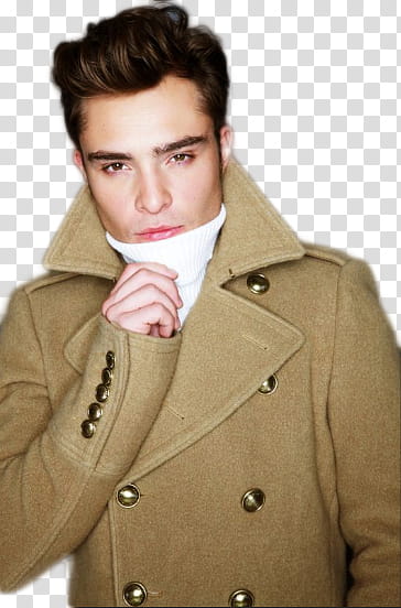 Ed Westwick, man in brown double-breasted coat transparent background PNG clipart