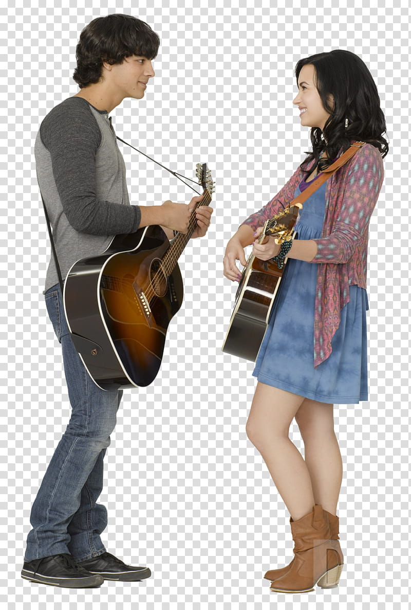 Camp Rock , man and woman facing each other while playing guitars transparent background PNG clipart