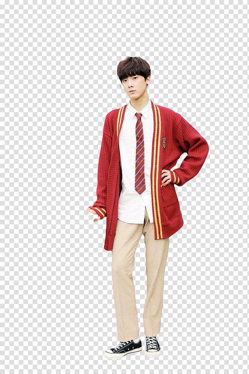 man wearing red coat with white button-up shirt and brown pants transparent background PNG clipart