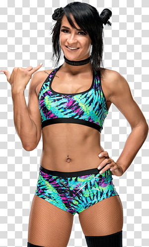 Dakota Kai woman wearing teal and pink bikini transparent