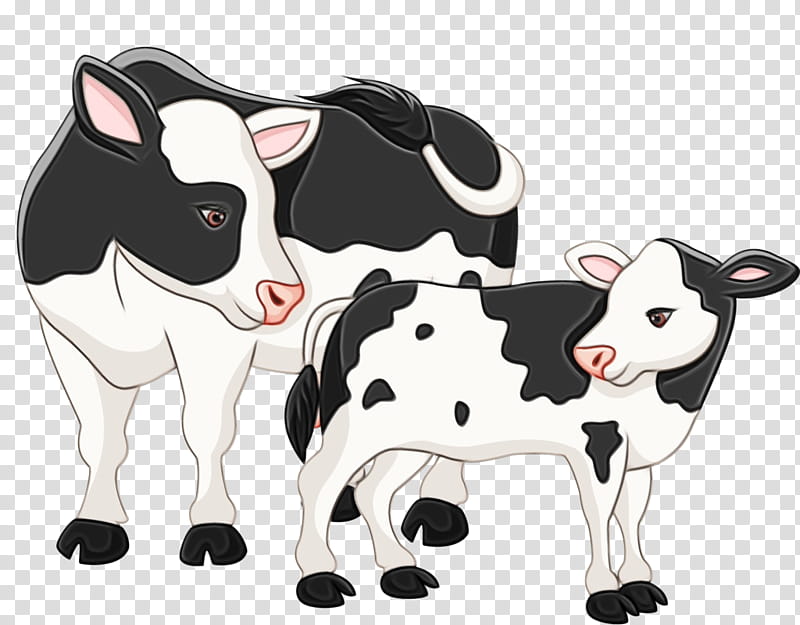 dairy cow bovine cartoon animal figure calf, Watercolor, Paint, Wet Ink, Live, Blackandwhite, Cowgoat Family transparent background PNG clipart