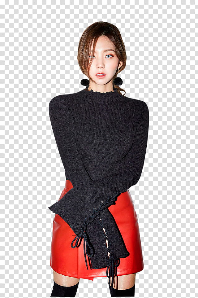 CHAE EUN, woman wearing black knitted long-sleeved shirt and red leather skirt transparent background PNG clipart