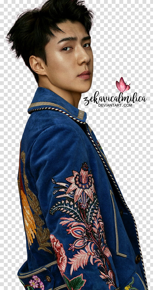 EXO Sehun l Optimum Thailand, man wearing blue and multicolored floral jacket transparent background PNG clipart